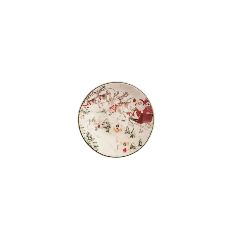 Round stoneware tidbit plate featuring a hand-painted scene of Santa in his sleigh over a village.