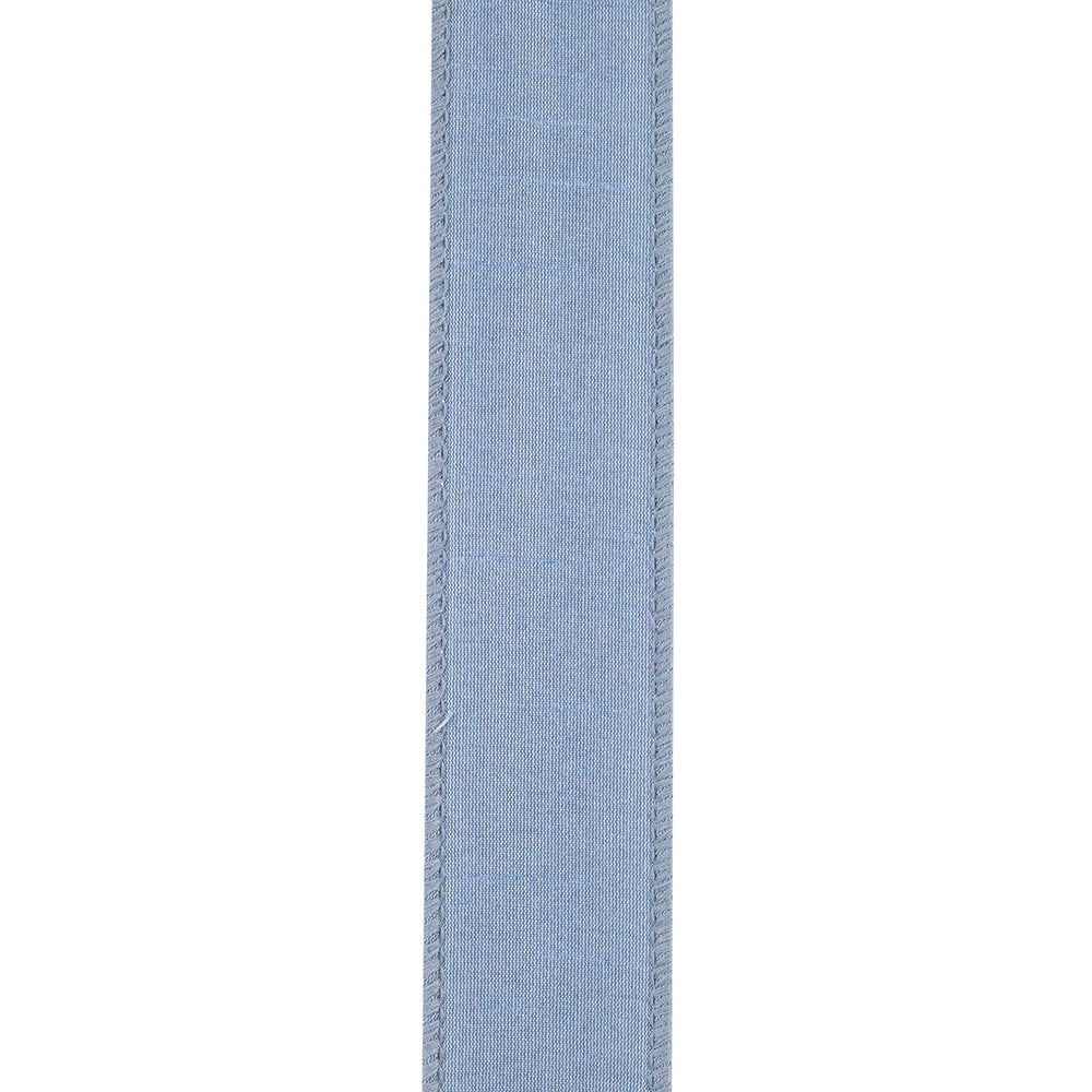 1.5-inch French blue wired edge dupioni ribbon with a textured finish.
