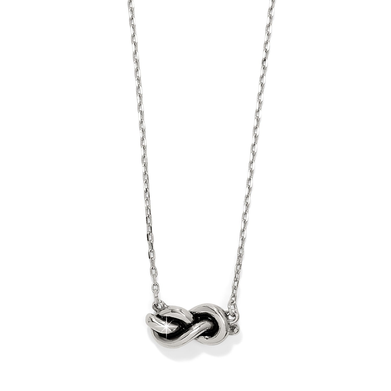 Interlok Single Knot Petite Necklace in silver with an adjustable chain and lobster claw closure.