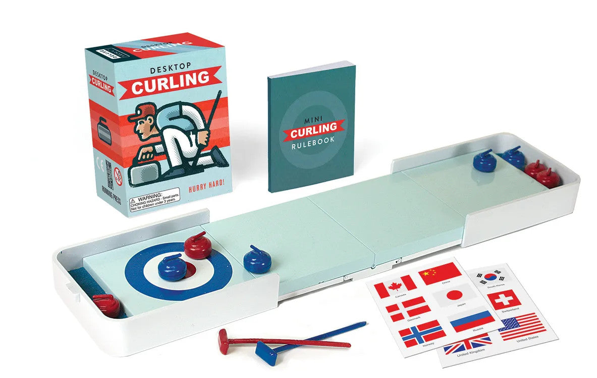 Desktop Curling game with red and blue stones, a play mat, and country flag stickers.