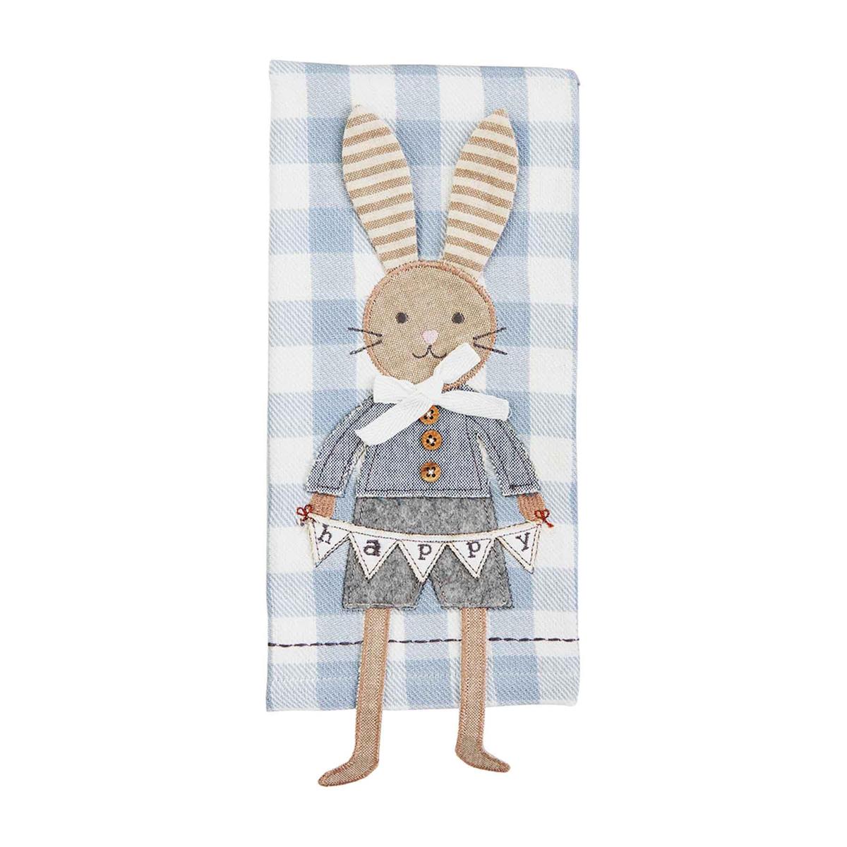 Boy Bunny dangle leg towel made of cotton with a cartoon bunny graphic.