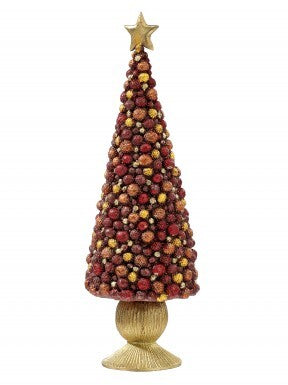 Resin beaded ball cone tree with a gold star topper and base, featuring red and gold textured beads.