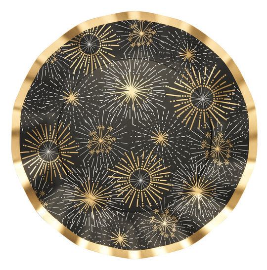 Wavy 10-inch black paper dinner plate with gold foil firework pattern and gold trim.