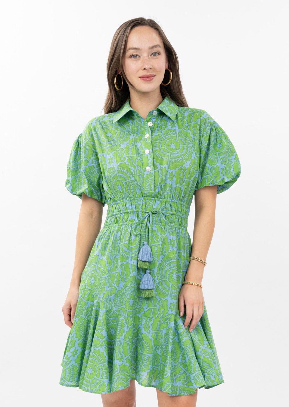 Kayla button-front shirt dress with smocked waist tassel tie puff sleeves flounced hem in light blue