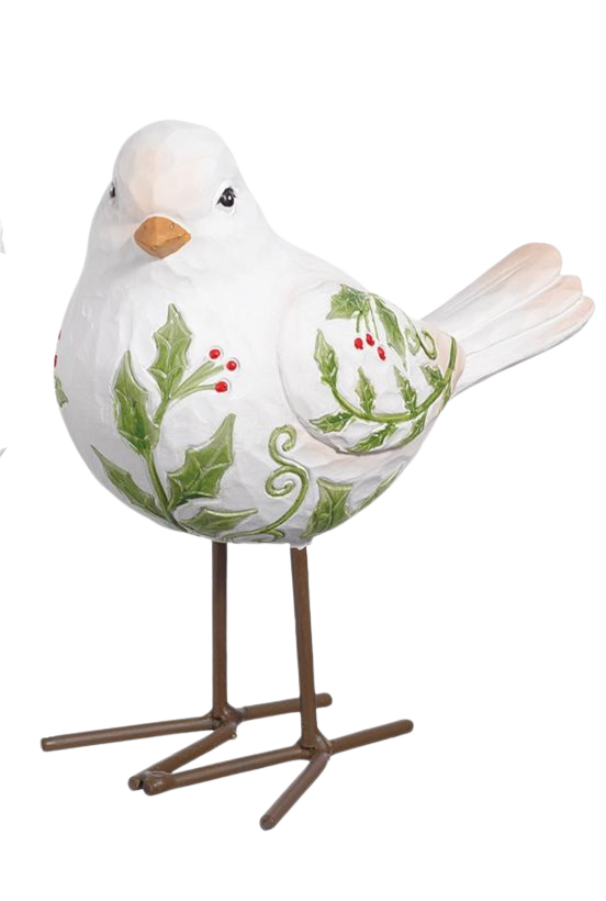 6-inch white polyresin bird figurine with green holly leaf and red berry patterns on metal legs.