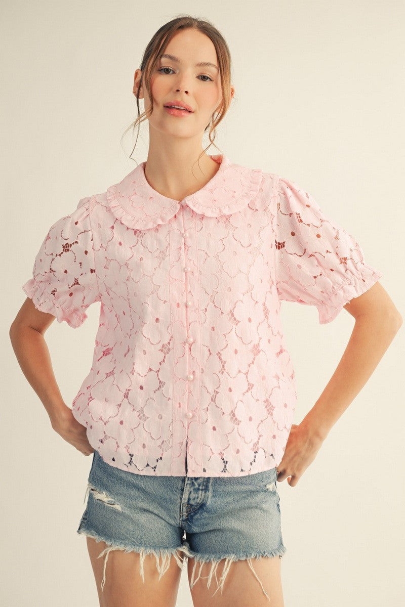 Layla Short Sleeves Button Down 3D Lace Top
