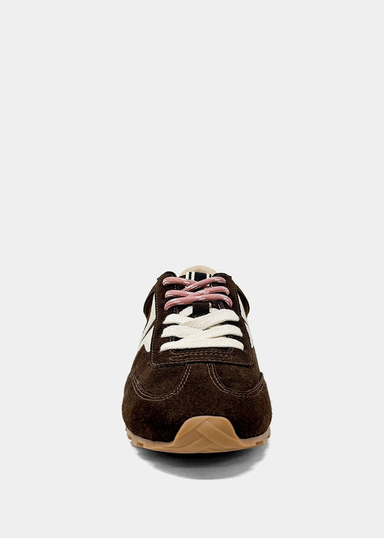Front view of the Sarah low-top sneaker in brown suede with cream and pink laces and a gum outsole.