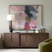 Process Framed Canvas, abstract art with pink, gray, and gold tones, 50" W x 66" H.