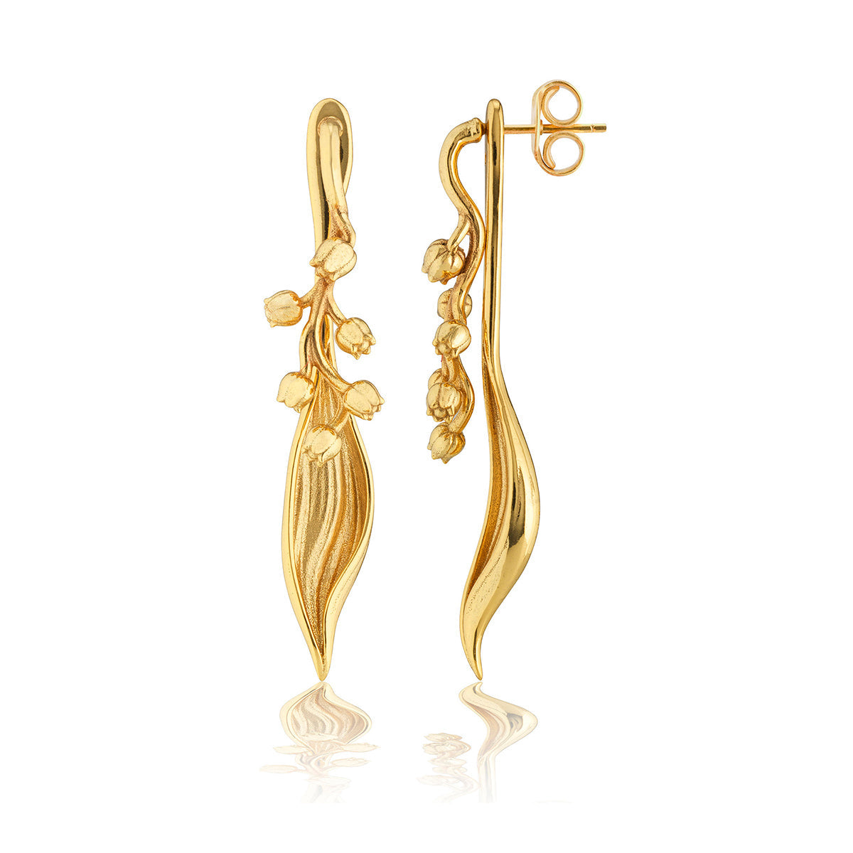 Gold-plated brass convertible earrings shaped like lily of the valley flowers.
