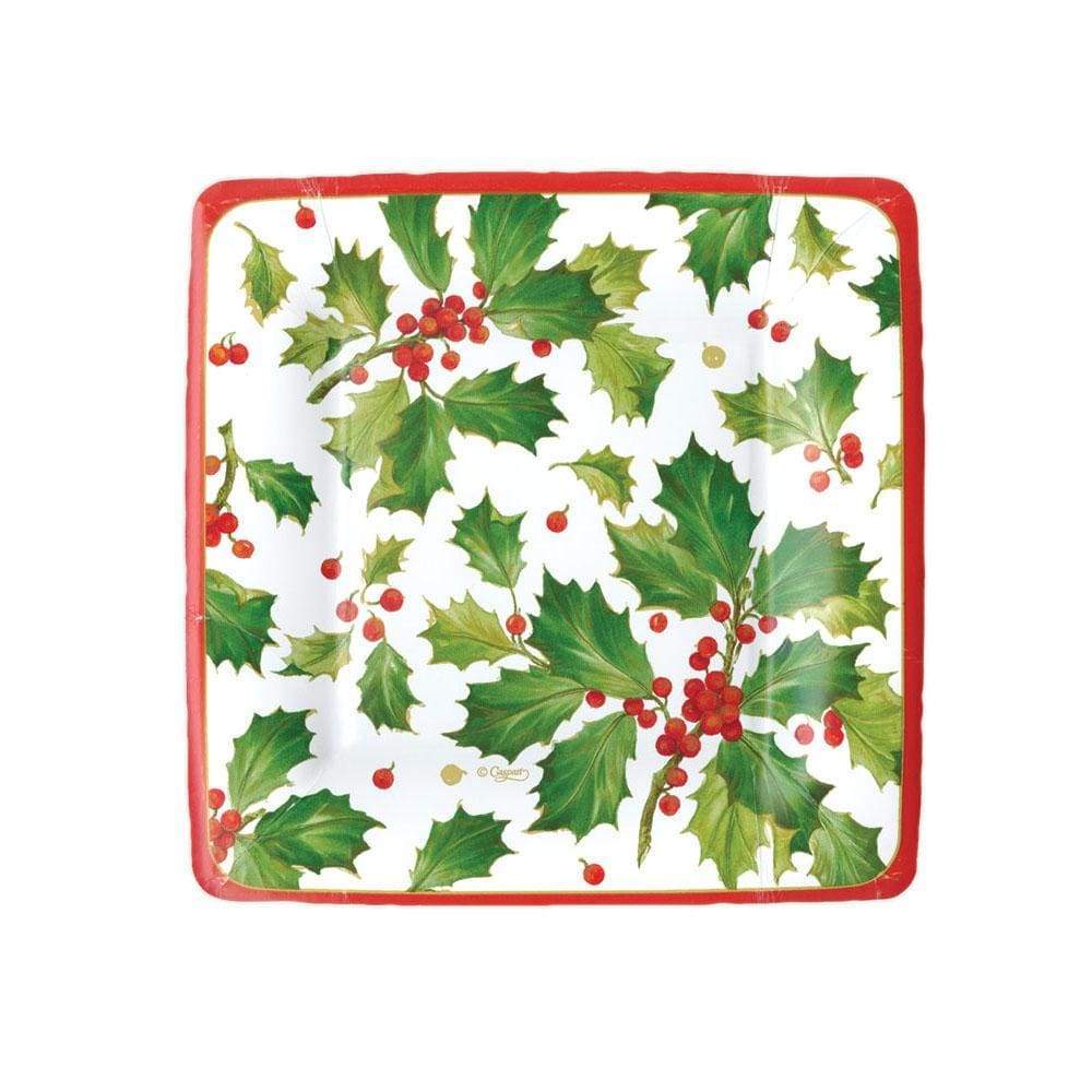 Pack of eight red Christmas-themed paper plates with white snowflake patterns.