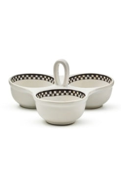 White ceramic three-bowl serving dish with black and white checkered rims and a central handle.