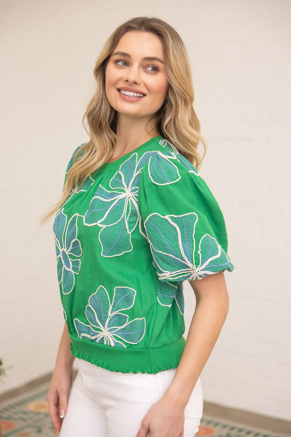 Emily Contrast Band top with floral embroidery on woven fabric