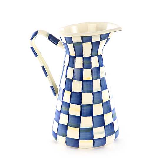 Large pitcher with a hand-painted blue and white checkered pattern and a curved handle.
