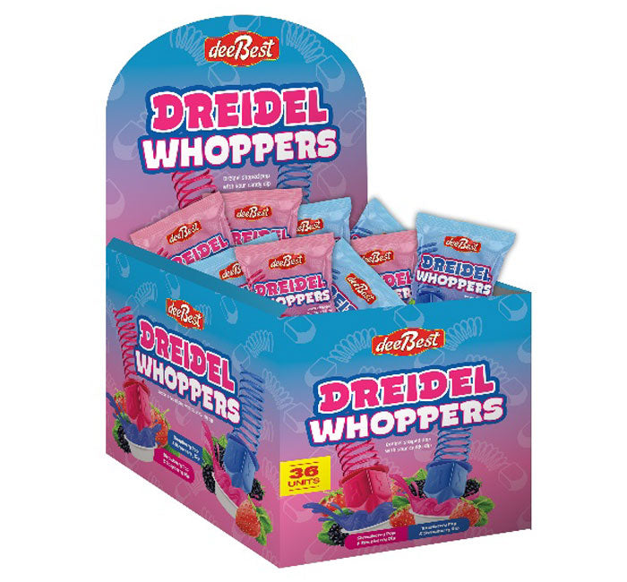 Deebest Dreidel Whoppers candy in a clear bag showing red and white striped cylindrical pieces.