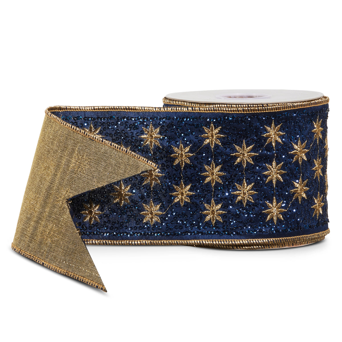 4-inch wide blue wired ribbon with gold embroidered stars and shimmering blue sequins.