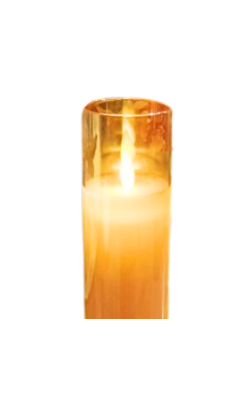 2x5 inch amber LED glass pillar candle with a warm glowing flame inside a translucent glass holder.