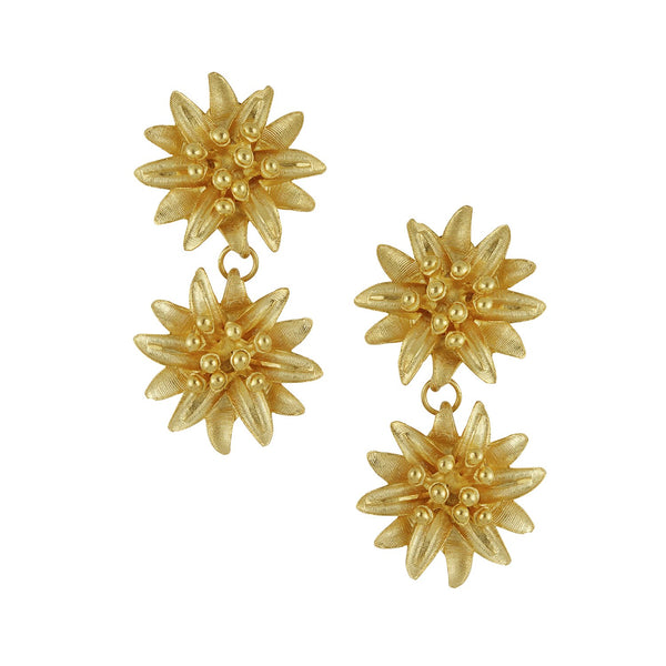Water Lily Tier Earrings featuring two stacked gold water lily blossoms with a textured finish.