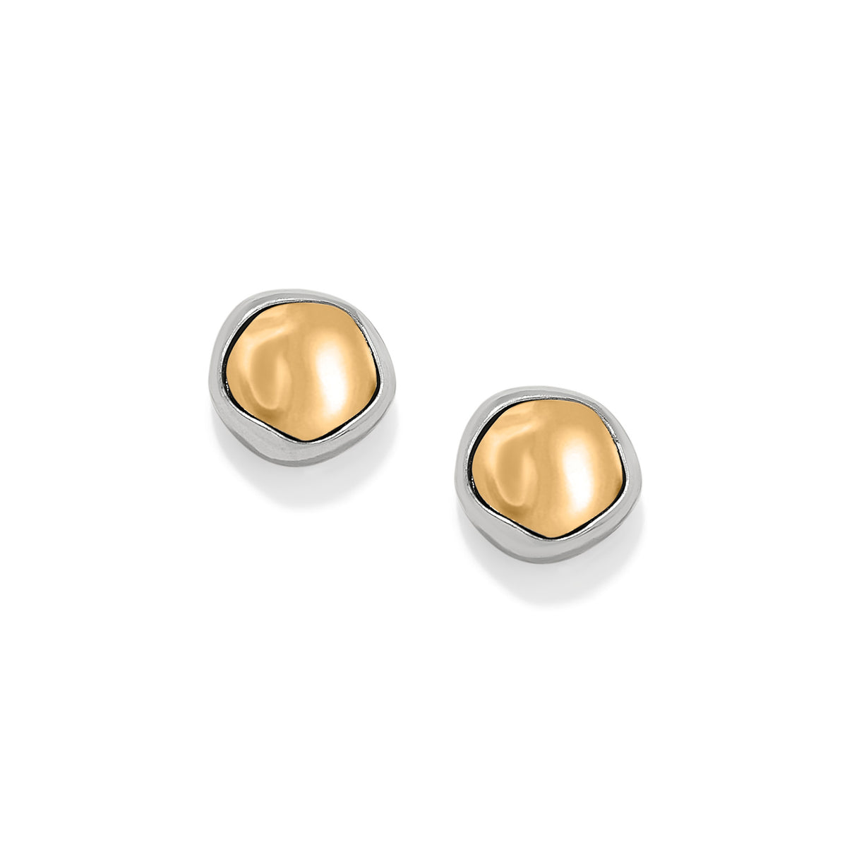 Cascade Round Post Earrings featuring a two-tone silver and gold organic circular design.