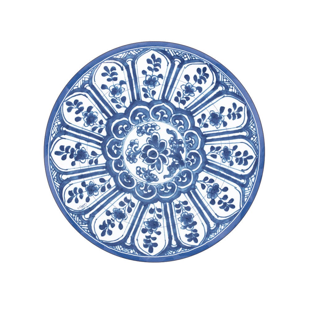 Square indigo blue paper plate with white rim and floral garden pattern