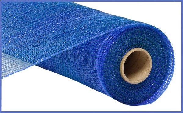A roll of blue metallic polypropylene mesh ribbon for crafting wreaths and garlands.