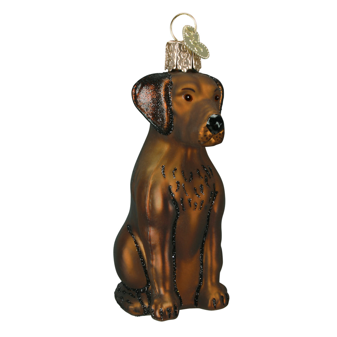 Glass Chocolate Labrador ornament sitting upright with glitter accents and a gold hanging loop.