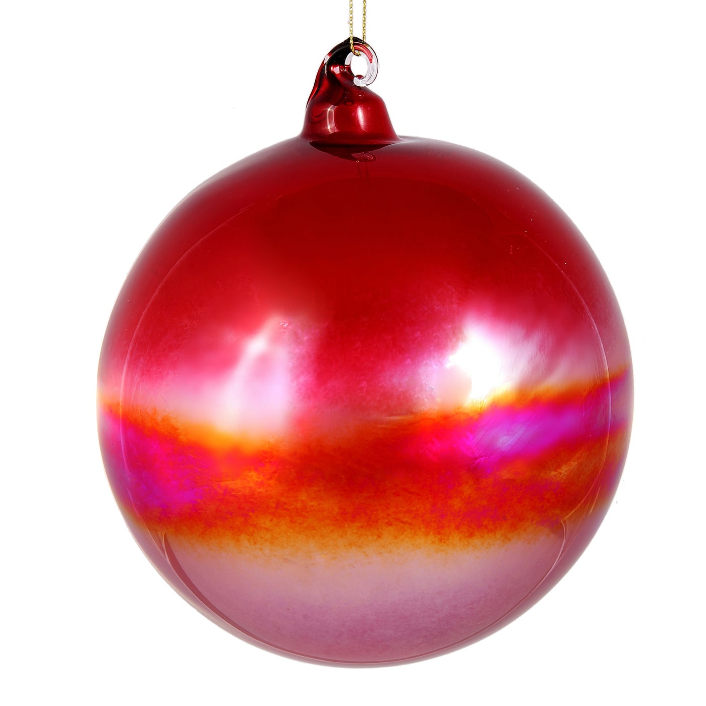 Red 150mm bottle glass ball ornament with a glossy, reflective finish and sunset-colored band.