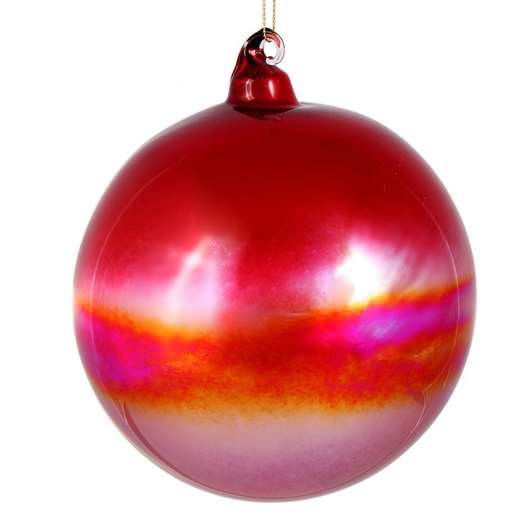 Red 150mm bottle glass ball ornament with a glossy, reflective finish and sunset-colored band.