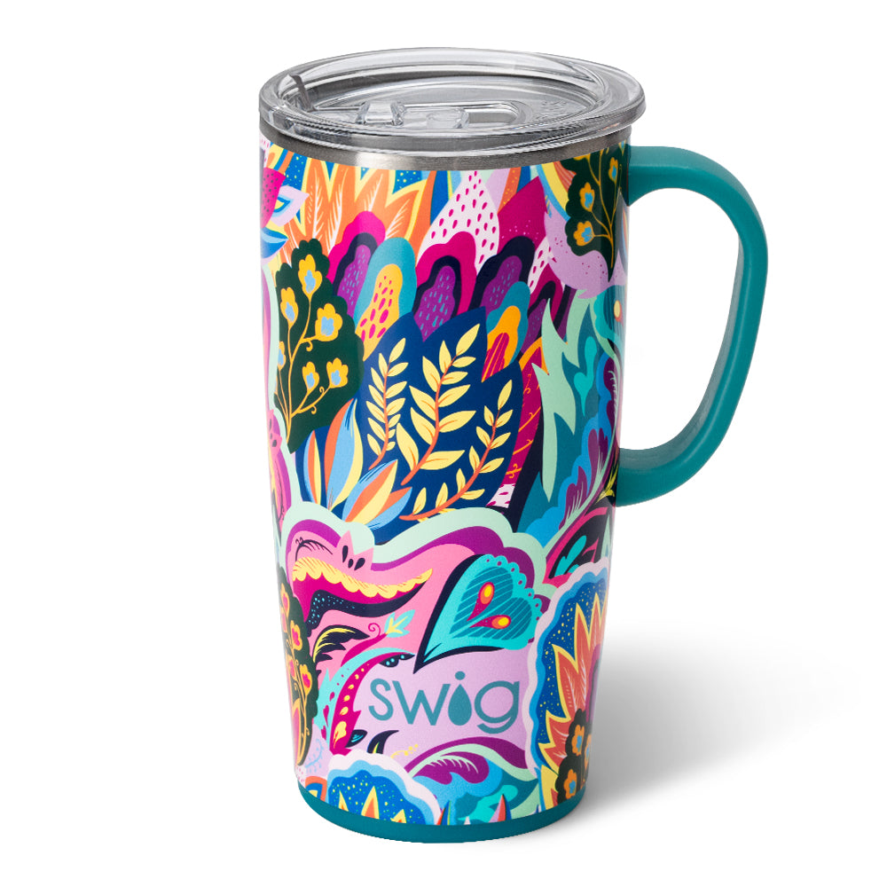 Silver stainless steel travel mug with a slim metal handle and large BPA-free lid.