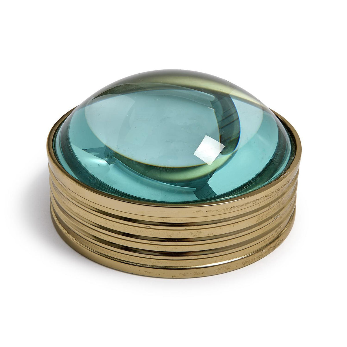 Dome concave lens desktop magnifier with a 3x glass lens and a tiered brass-colored metal base.