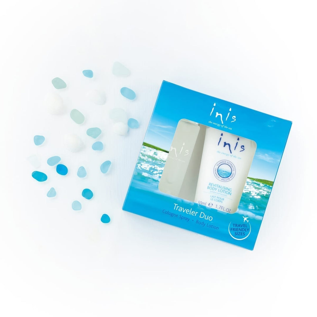 Traveler Duo Set featuring a small travel-size cologne bottle and a larger seaweed-enriched body lotion in neutral packaging.
