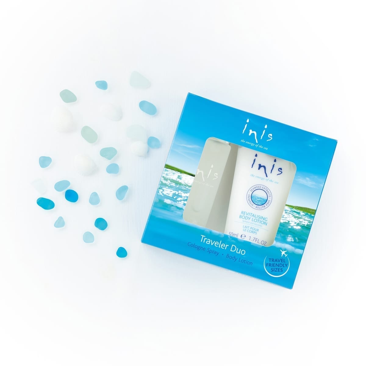 Traveler Duo Set featuring a small travel-size cologne bottle and a larger seaweed-enriched body lotion in neutral packaging.