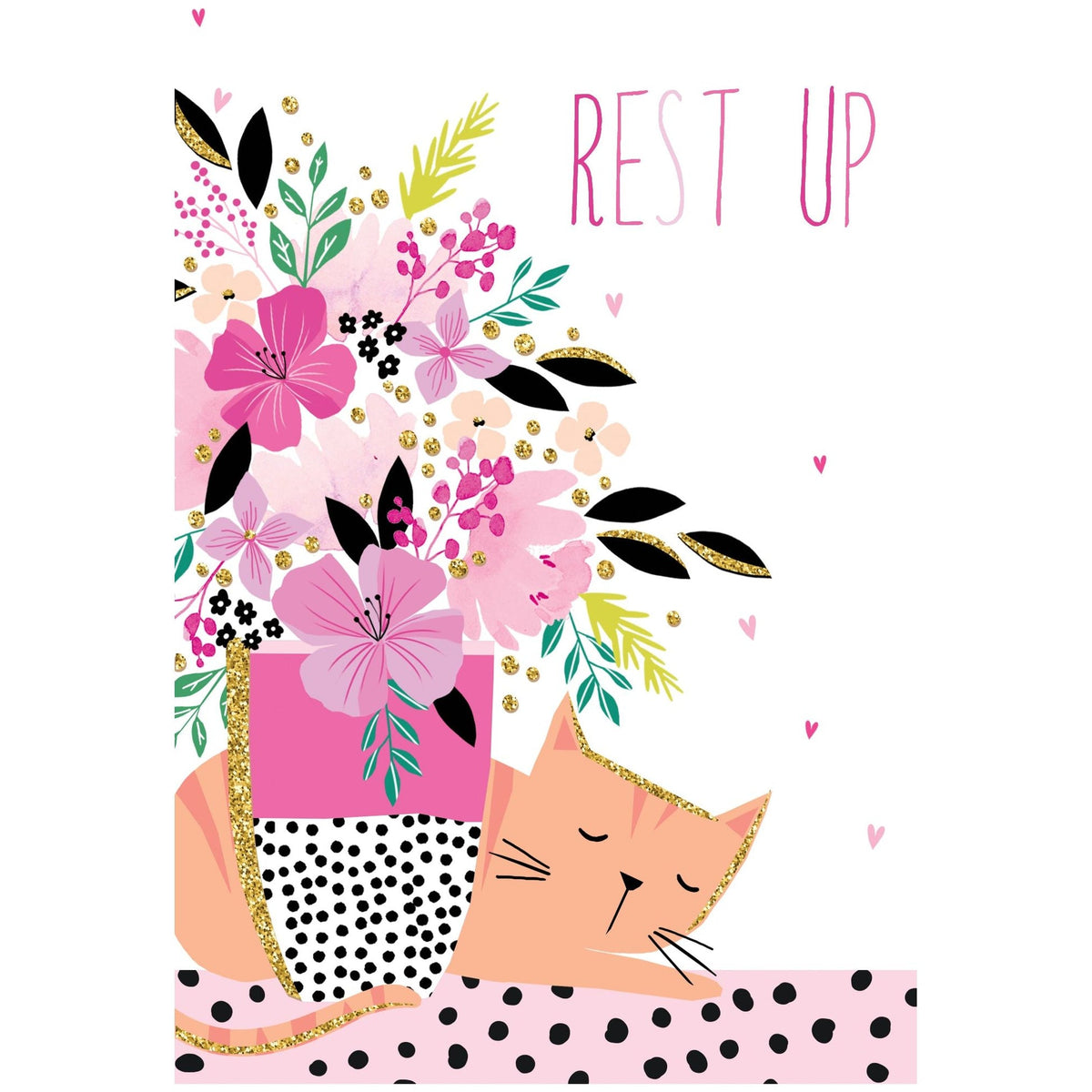 Cute peach cat sleeping on pink polka dot surface, surrounded by pink flowers and gold glitter accents. Text says 'REST UP'.