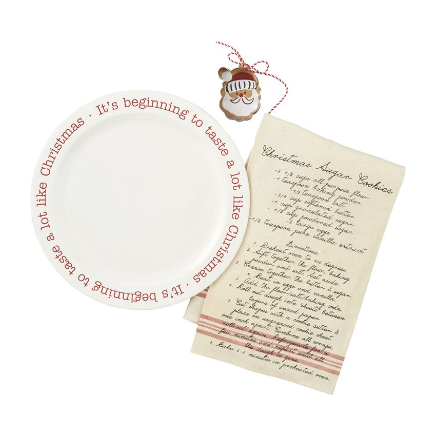Dolomite cookie plate set with a round 12-inch platter, matching cutter, and towel.
