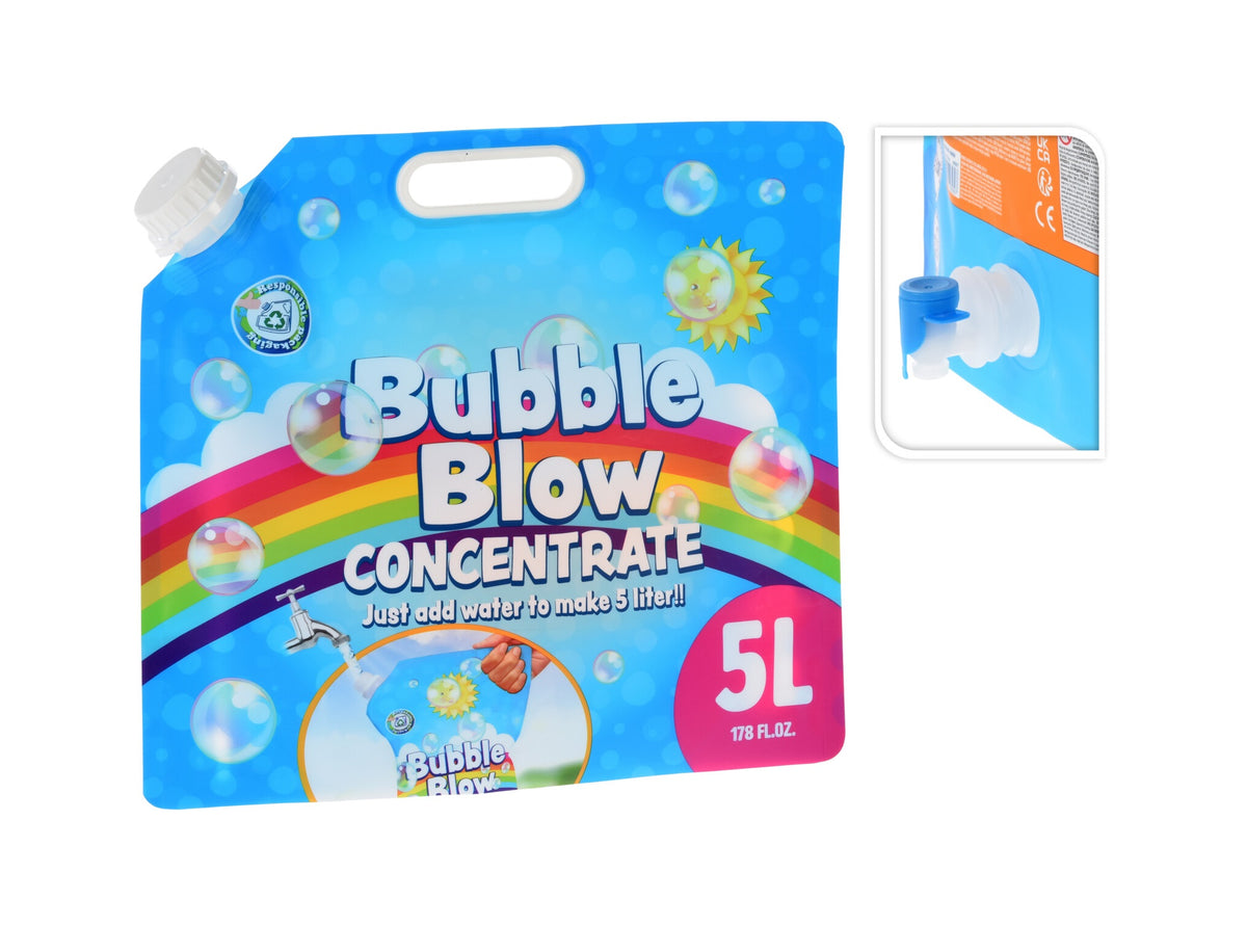 Colorless bubble soap concentrate in a clear plastic bottle with an automatic pressure cap.
