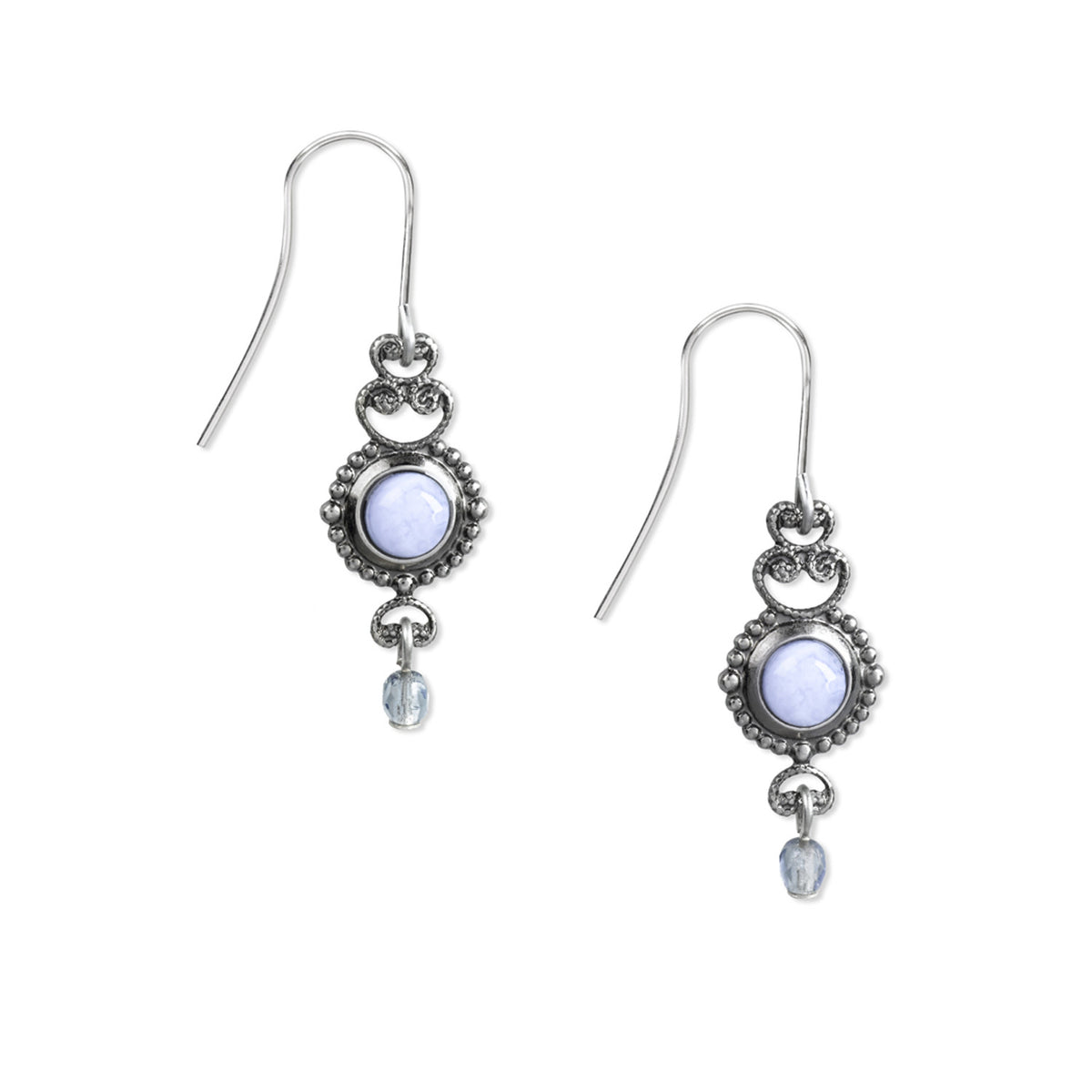 Silver filigree drop earrings with blue lace agate stones and surgical steel ear hooks.