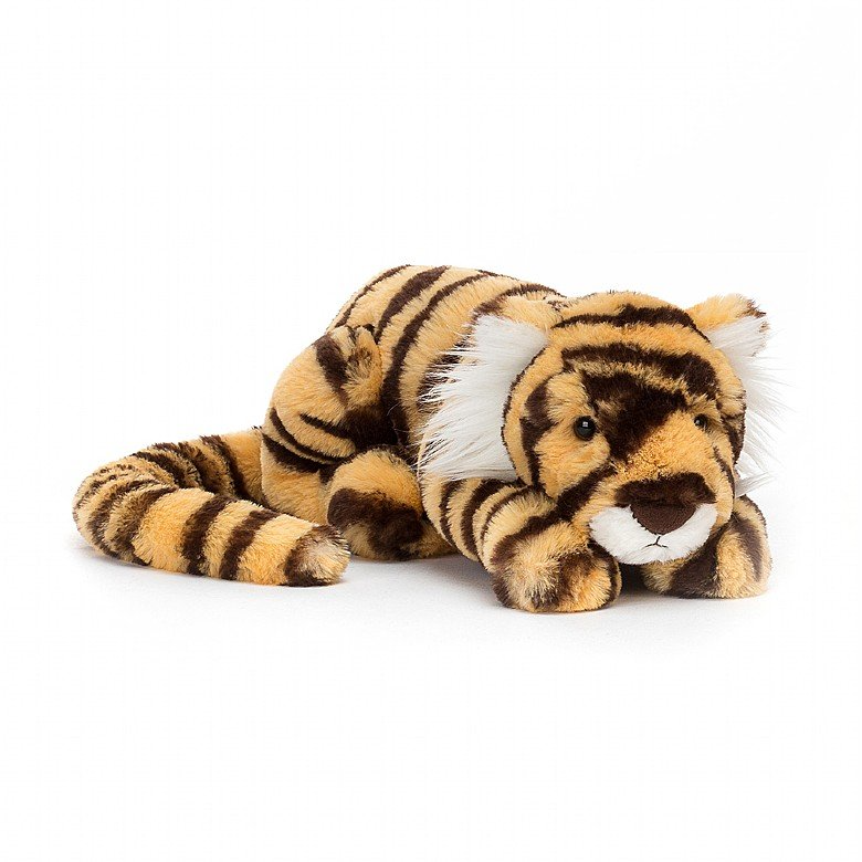 Taylor Tiger Little plush toy in soft grey tiger print fabric with embroidered facial features.
