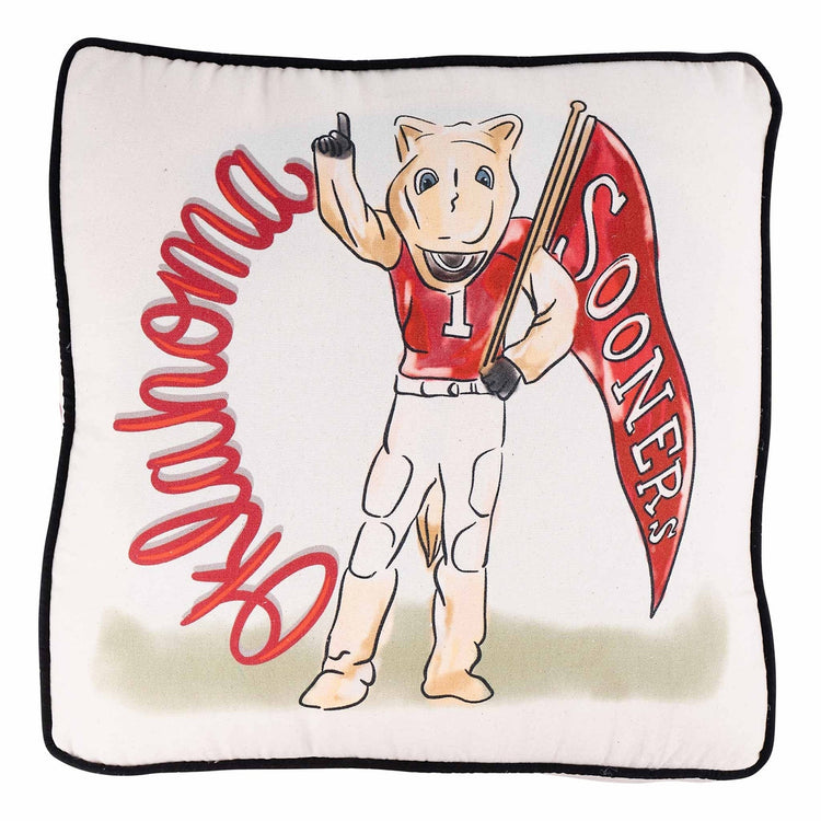 Oklahoma Mascot Pillow featuring a hand-drawn Boomer mascot holding a Sooners flag.