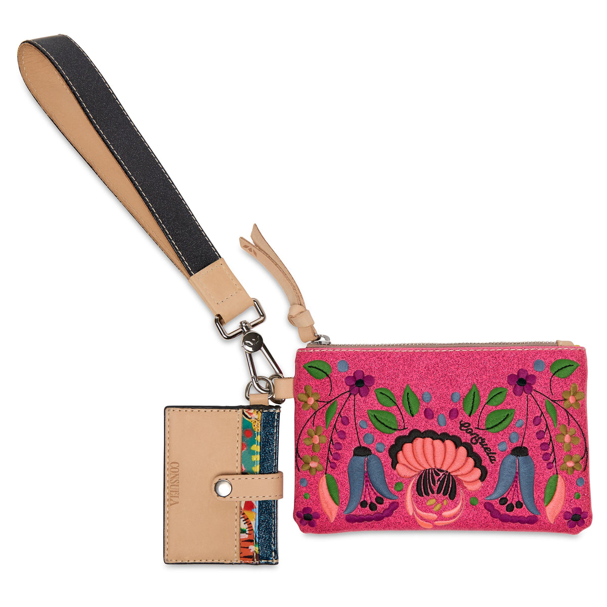 Diego leather wristlet with five card slots, D-ring pouch, and detachable cardholder.
