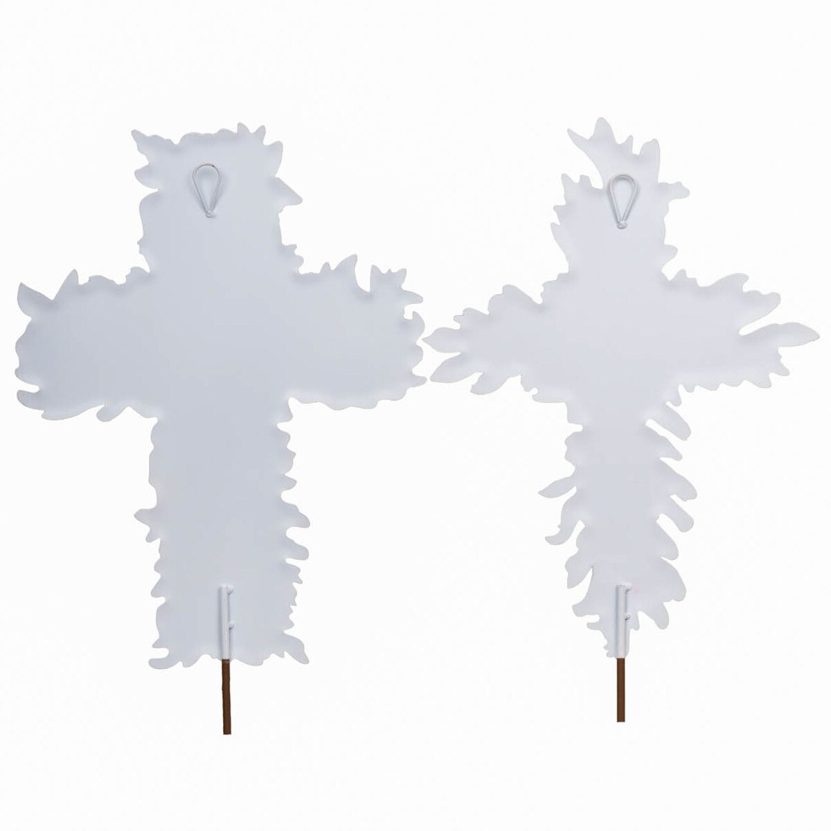 Blooming Crosses stake featuring a white cross with blooming floral patterns on an 9-inch by 11-inch silhouette.