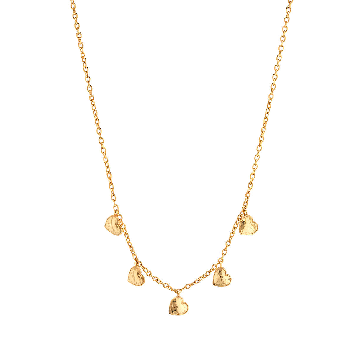 Gold multi-station necklace featuring five hammered heart charms on a delicate chain.
