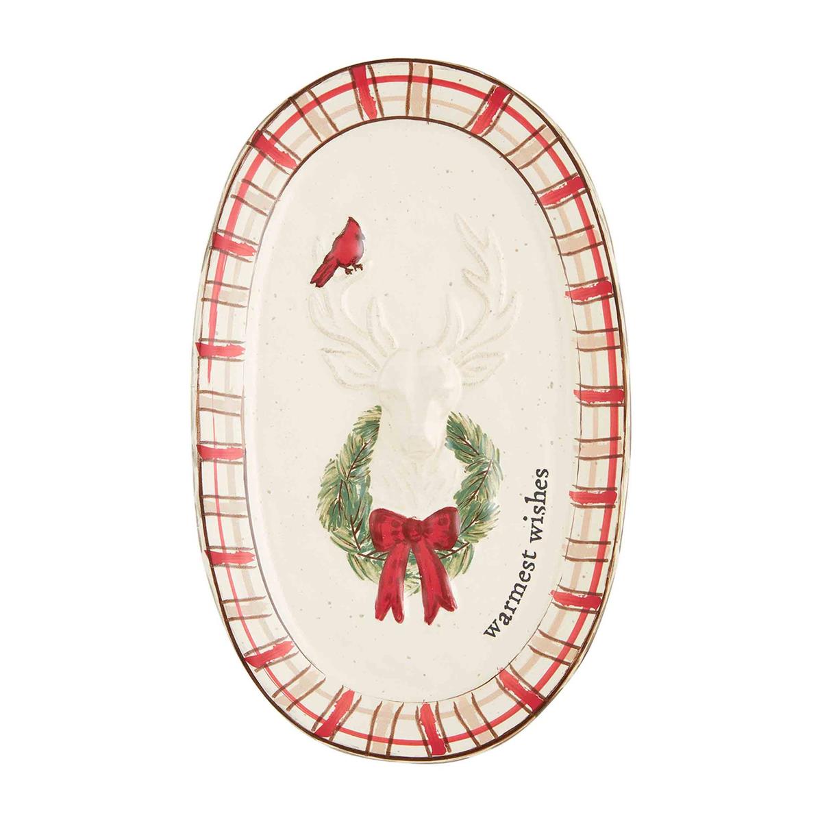 White stoneware deer-shaped platter with 'Warmest Wishes' text and antler silhouette design.