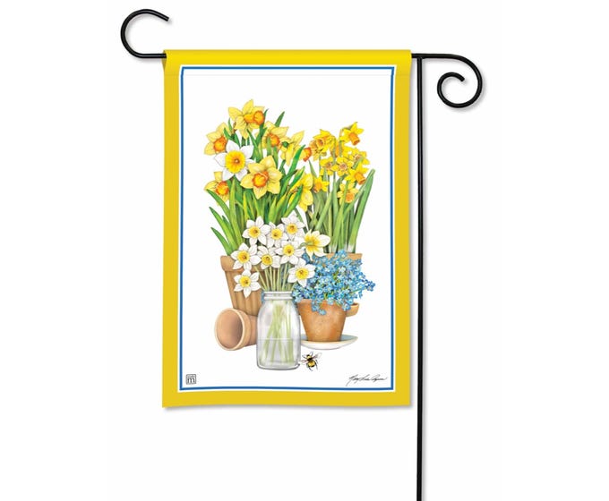 Garden flag featuring a colorful floral pattern on a white background.