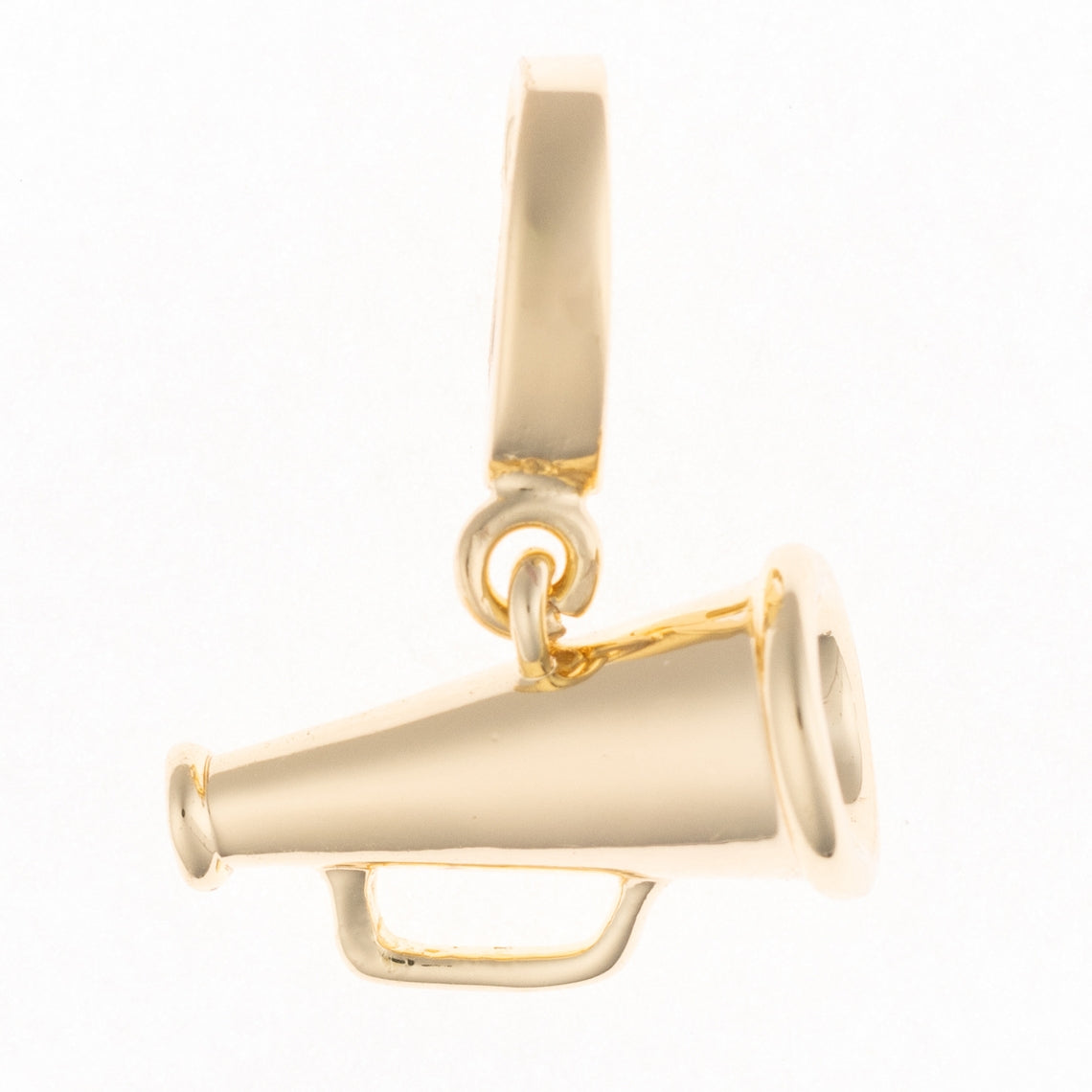 Gold megaphone charm with a polished finish and a hanging bail.