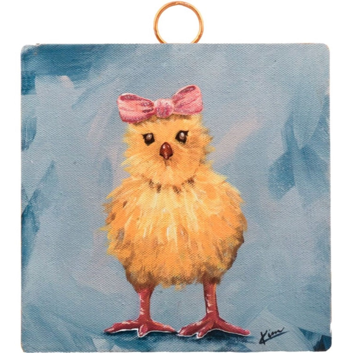 Pink Kross bow-shaped chick hanging ornament with a loop at the top.