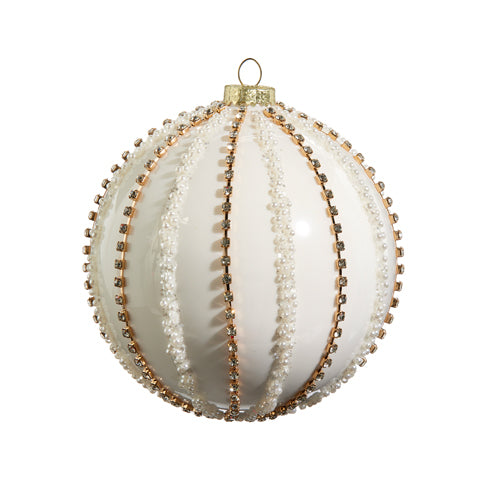 5-inch white glass ball ornament decorated with vertical rows of rhinestones and pearls.