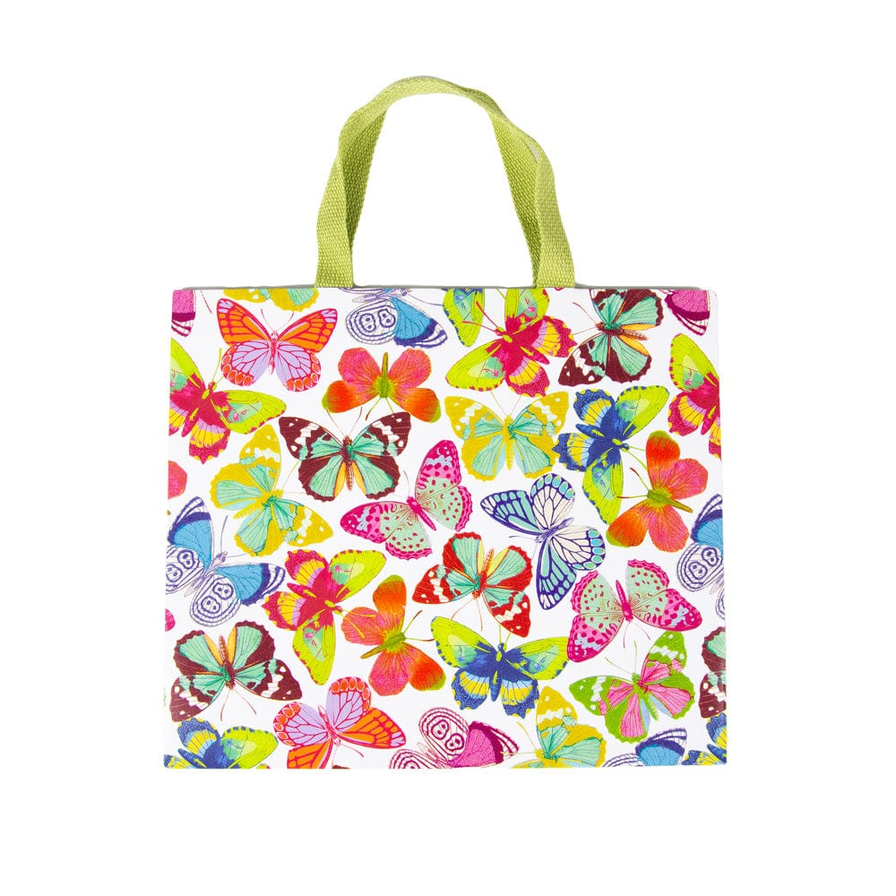 Large horizontal gift bag with butterfly print on durable paper featuring a strong carrying handle.