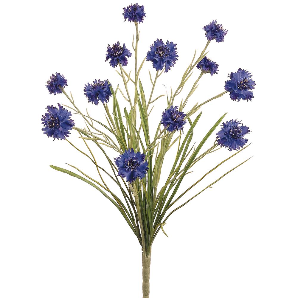 Artificial cornflower bush with twelve blue royal flowers on a wire frame.