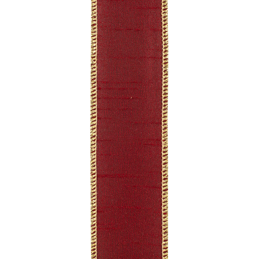 Scarlet dupioni ribbon with a gold metallic wired edge, 1-1/2 inches wide.