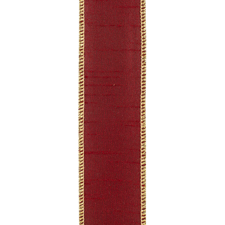 Scarlet dupioni ribbon with a gold metallic wired edge, 1-1/2 inches wide.