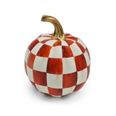 Paprika check mini pumpkin with a striped orange and black fabric pattern.
